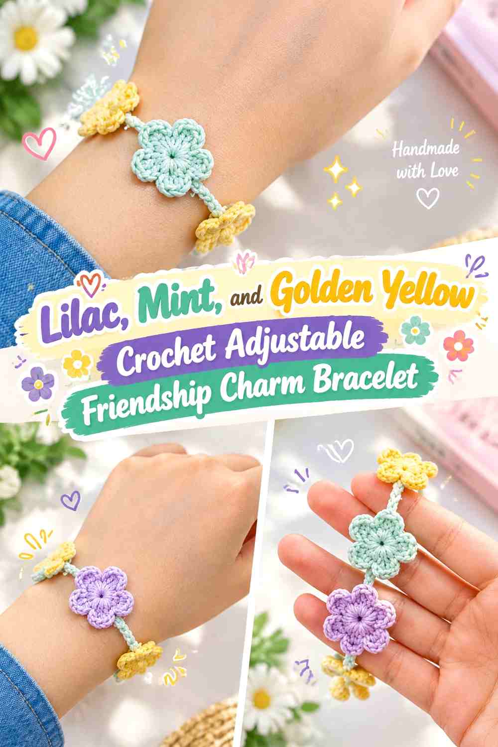 Lilac, Mint, and Golden Yellow Crochet Adjustable Friendship Charm Bracelet