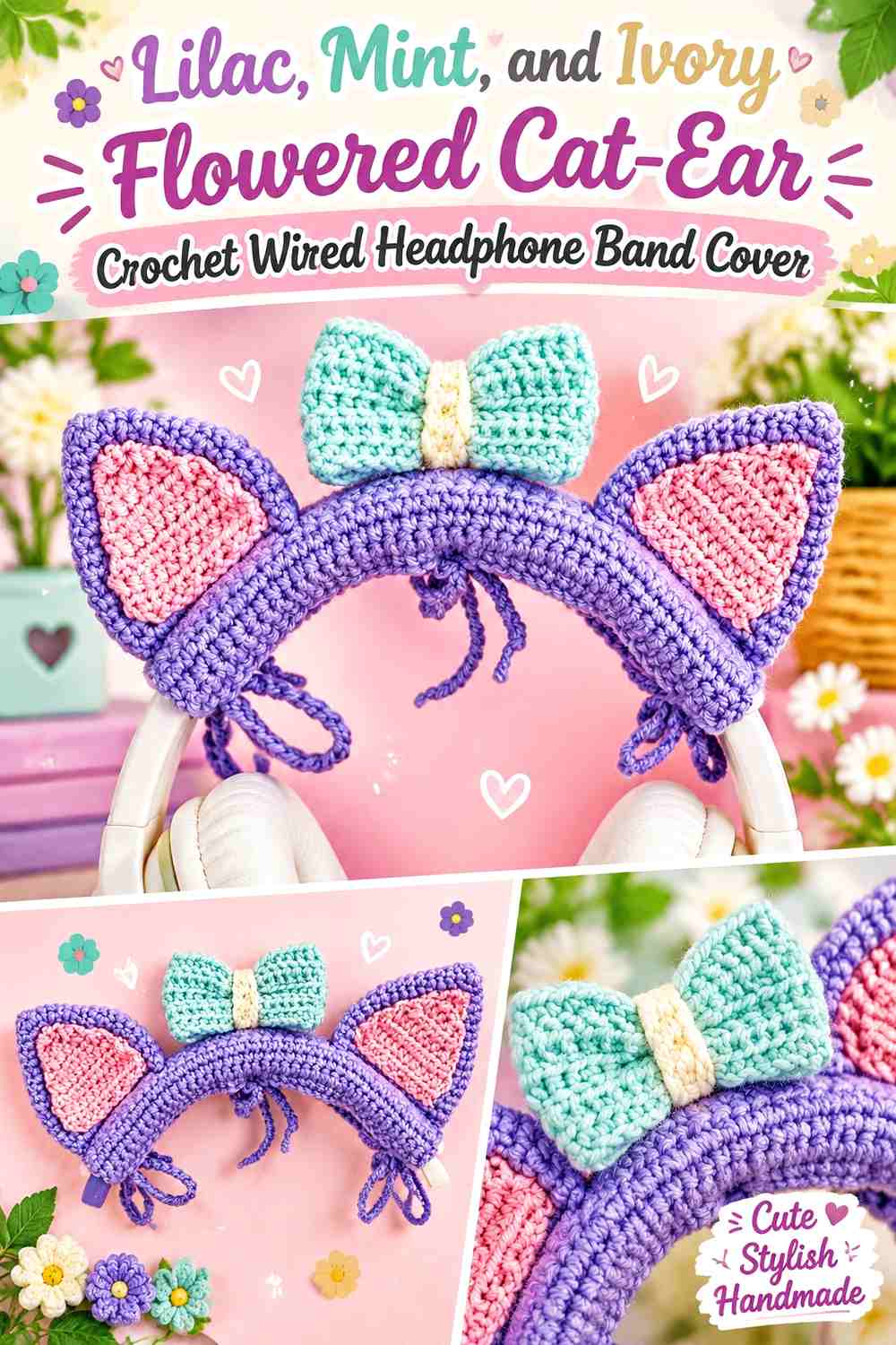Lilac, Mint, and Ivory Flowered Cat-Ear Crochet Wired Headphone Band Cover