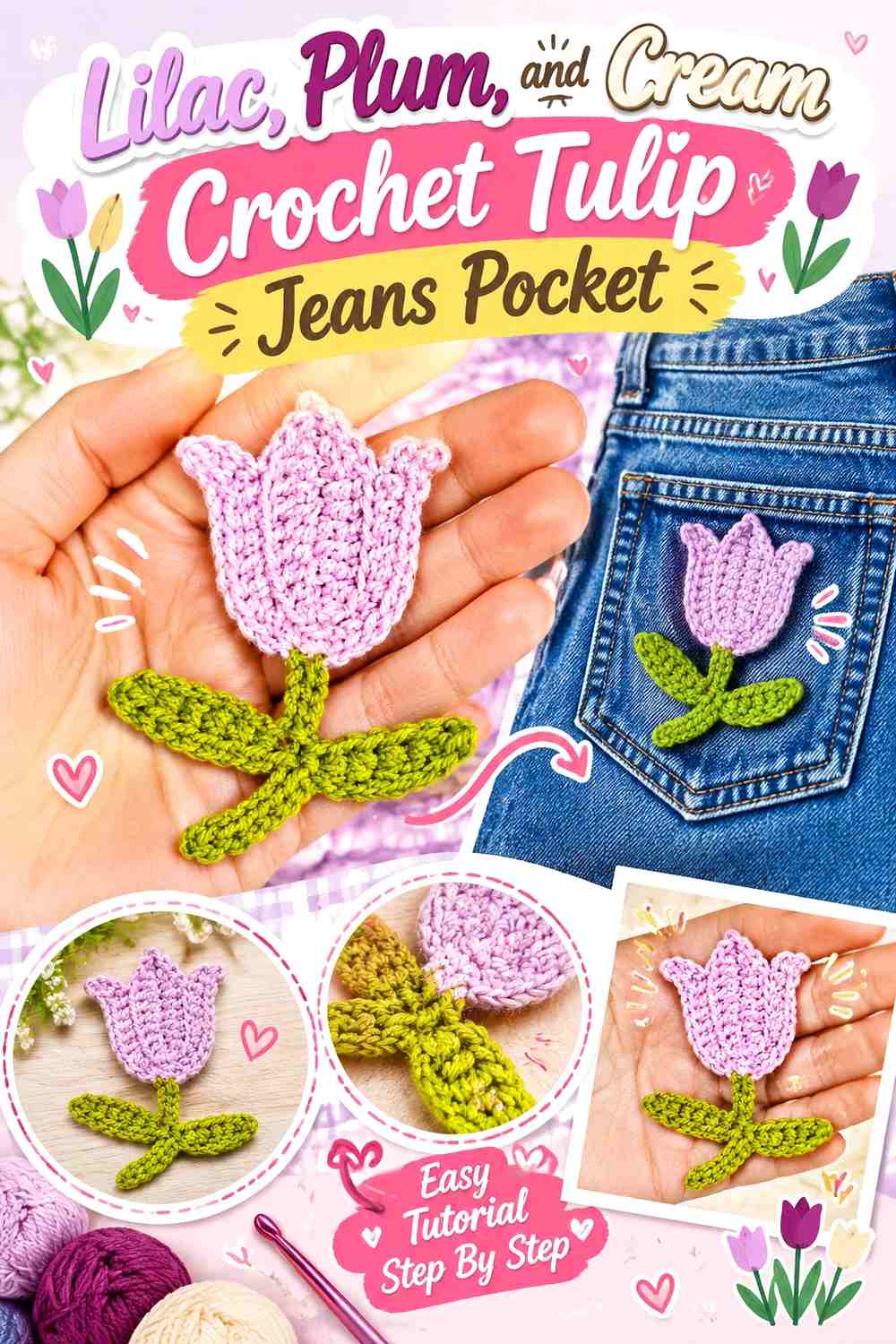 Lilac, Plum, and Cream Crochet Tulip Jeans Pocket