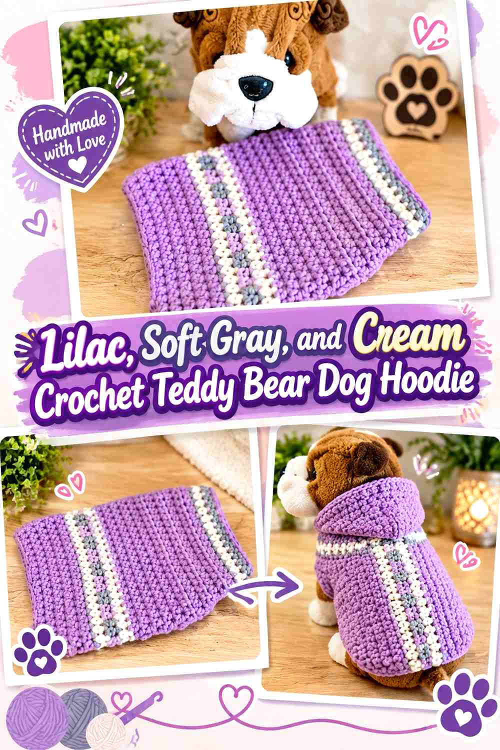 Lilac, Soft Gray, and Cream Crochet Teddy Bear Dog Hoodie