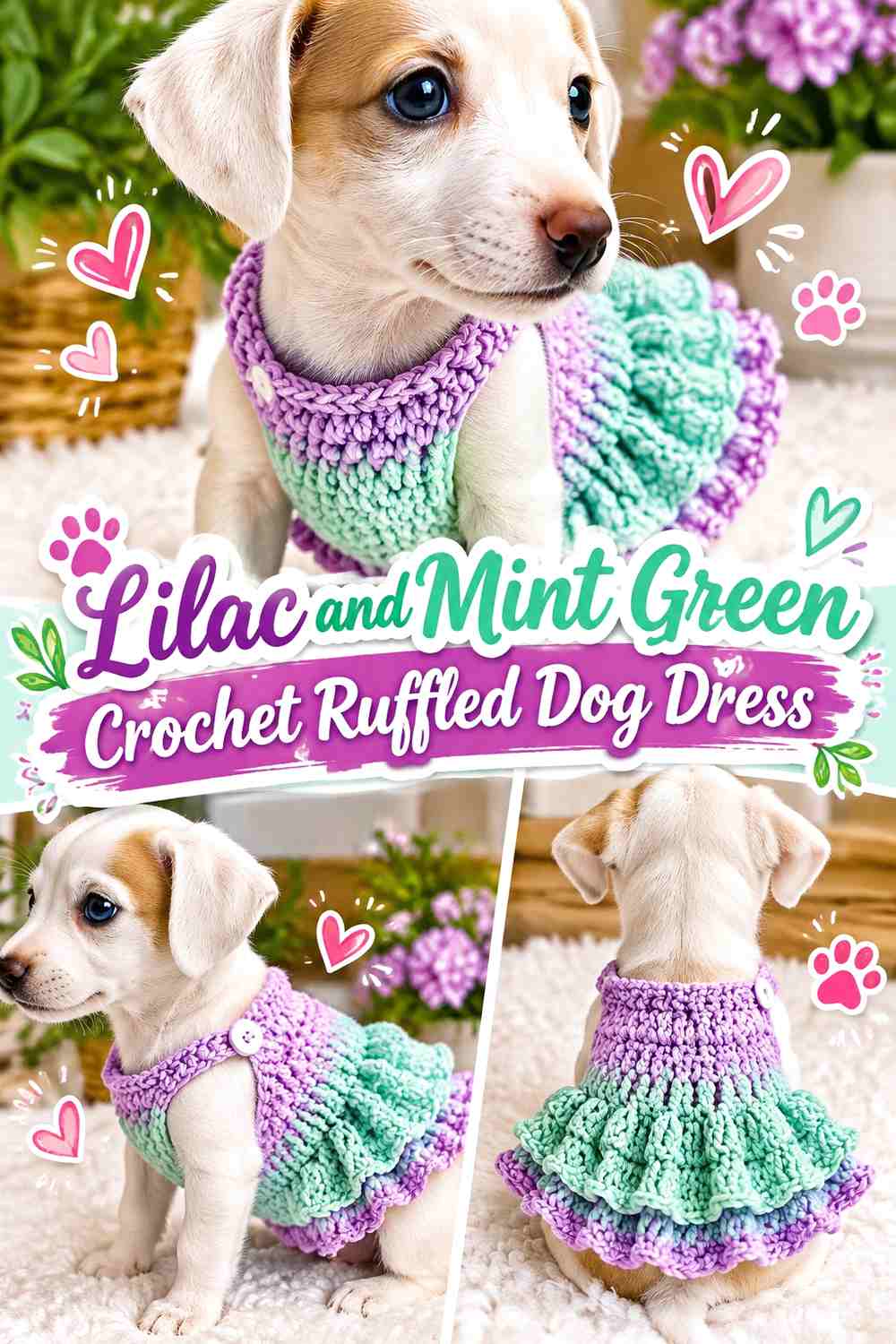 Lilac and Mint Green Crochet Ruffled Dog Dress