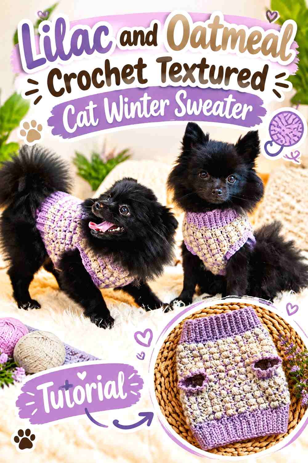 Lilac and Oatmeal Crochet Textured Cat Winter Sweater