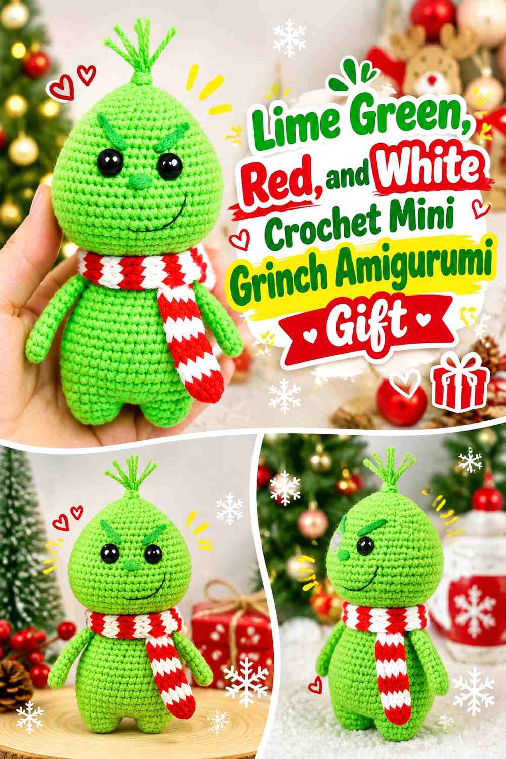 Lime Green, Red, and White Crochet Mini Grinch Amigurumi Gift