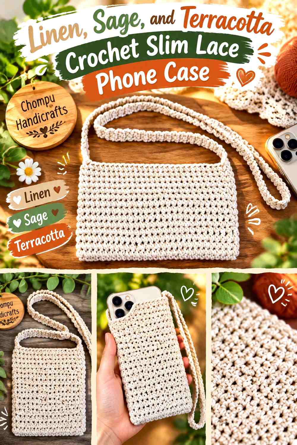 Linen, Sage, and Terracotta Crochet Slim Lace Phone Case