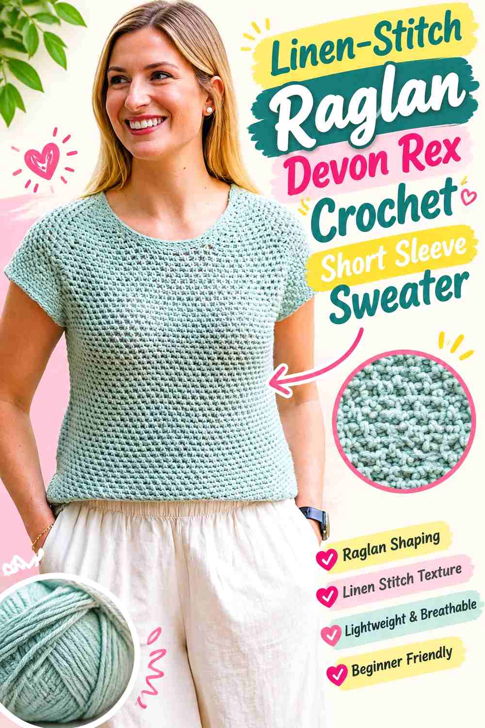 Linen-Stitch Raglan Devon Rex Crochet Short Sleeve Sweater