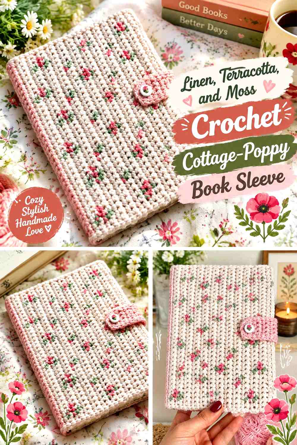 Linen, Terracotta, and Moss Crochet Cottage-Poppy Book Sleeve