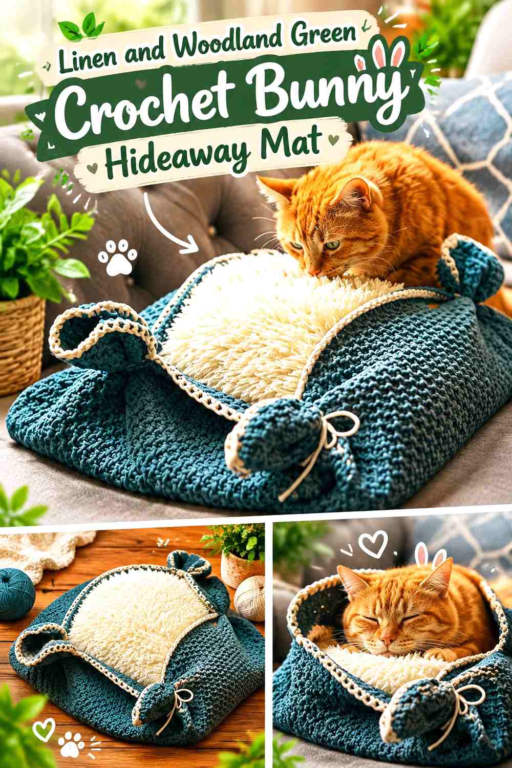 Linen and Woodland Green Crochet Bunny Hideaway Mat