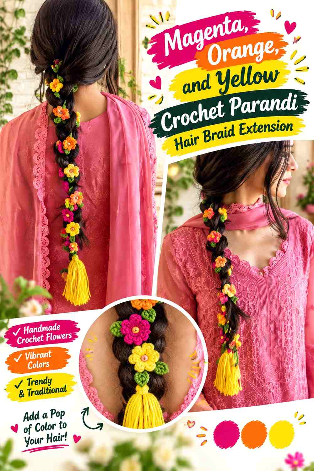 Magenta, Orange, and Yellow Crochet Parandi Hair Braid Extension