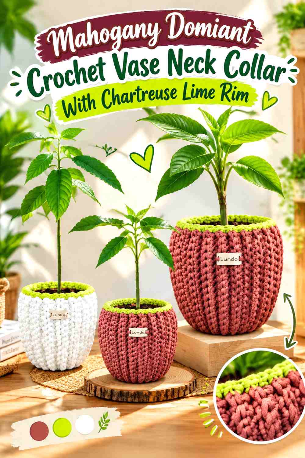 Mahogany Dominant Crochet Vase Neck Collar With Chartreuse Lime Rim