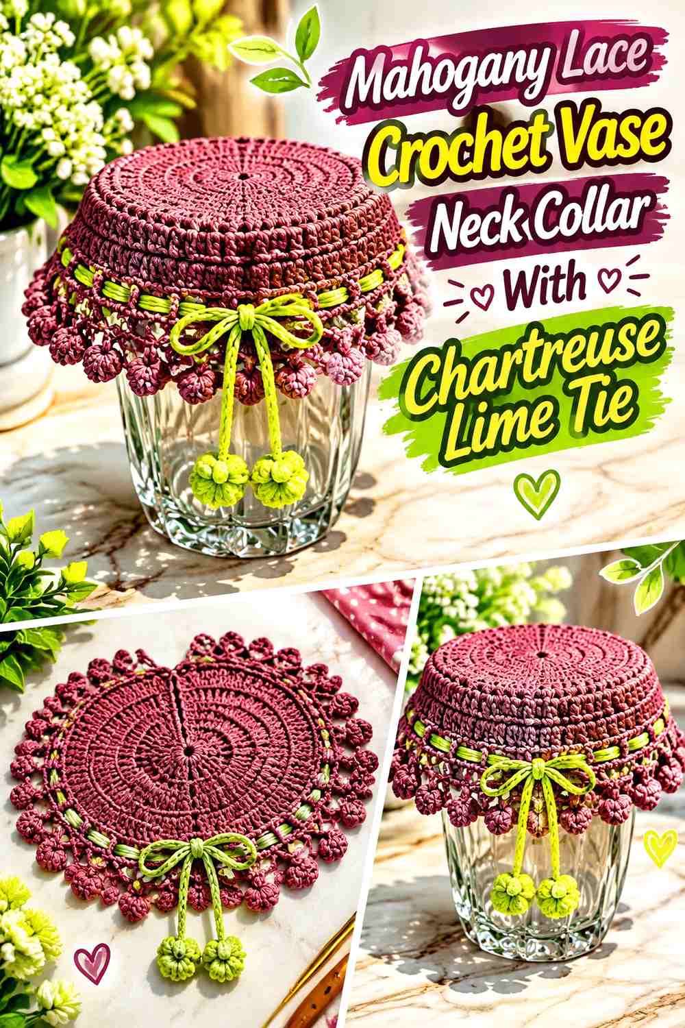 Mahogany Lace Crochet Vase Neck Collar With Chartreuse Lime Tie