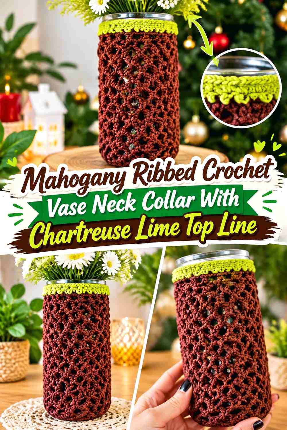 Mahogany Ribbed Crochet Vase Neck Collar With Chartreuse Lime Top Line