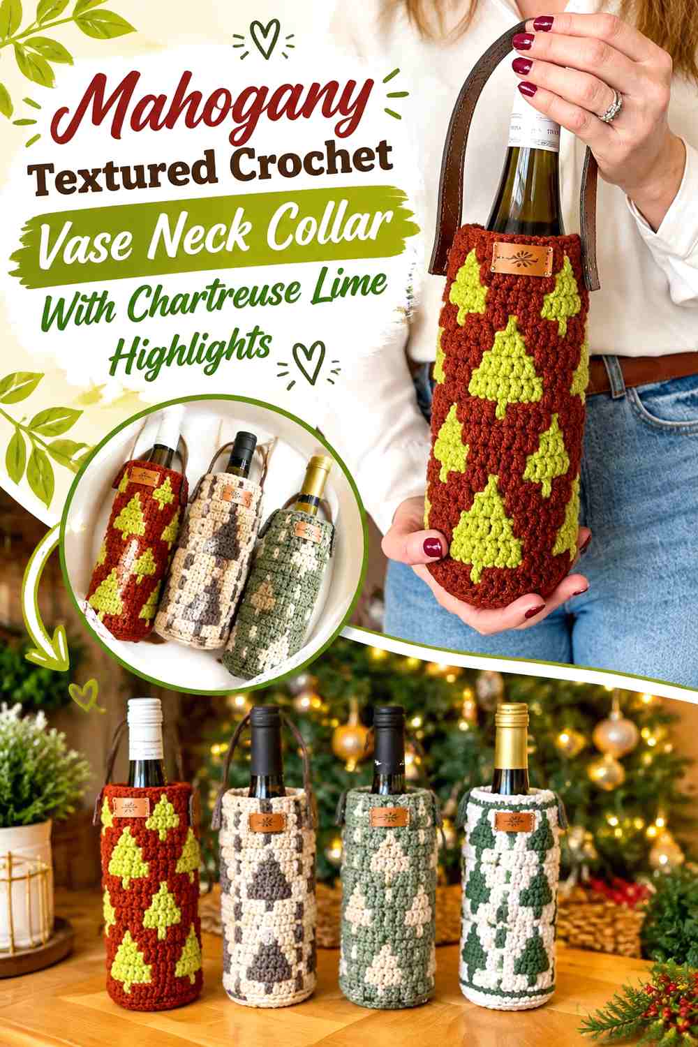 Mahogany Textured Crochet Vase Neck Collar With Chartreuse Lime Highlights