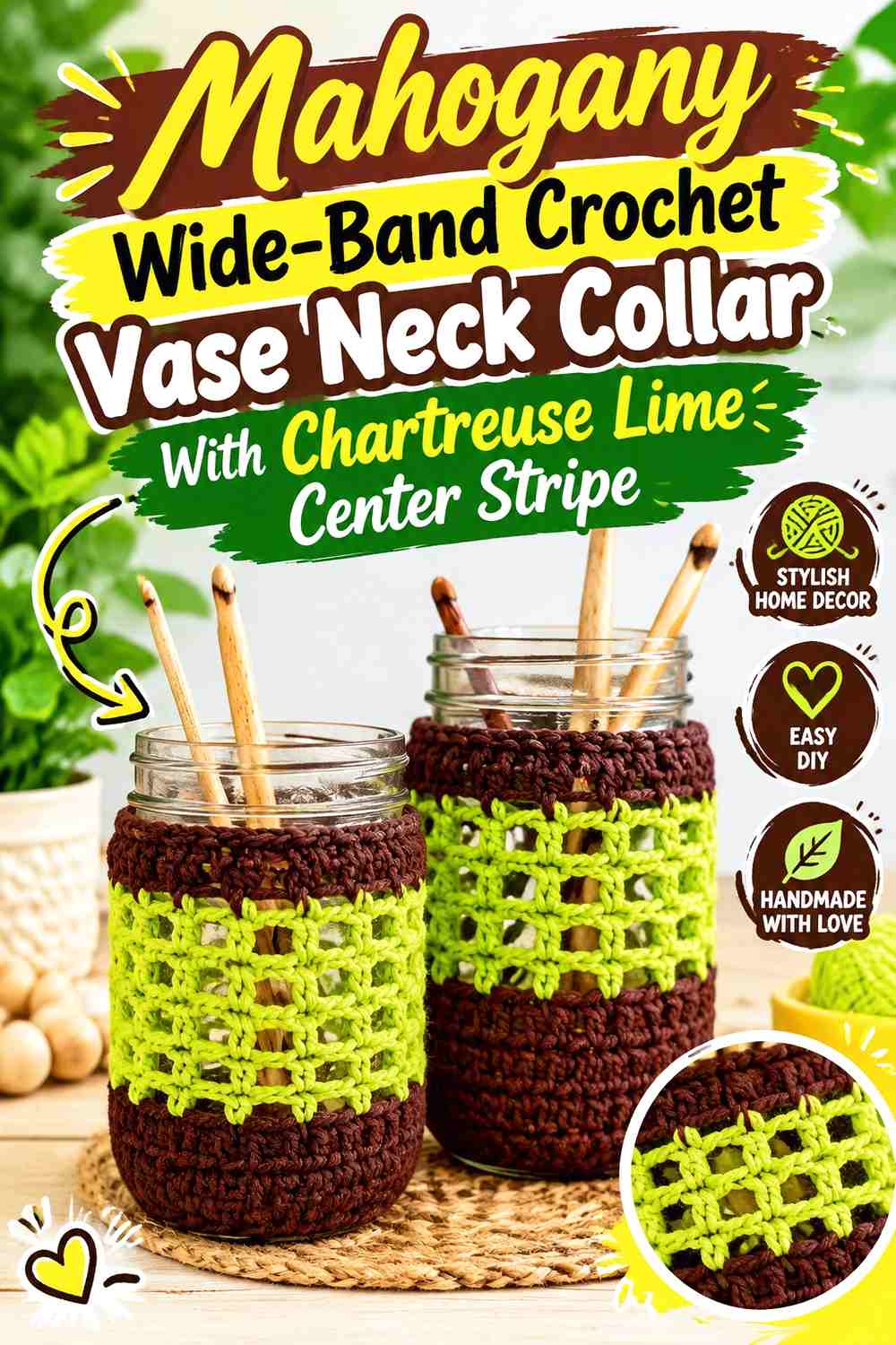 Mahogany Wide Band Crochet Vase Neck Collar With Chartreuse Lime Center Stripe