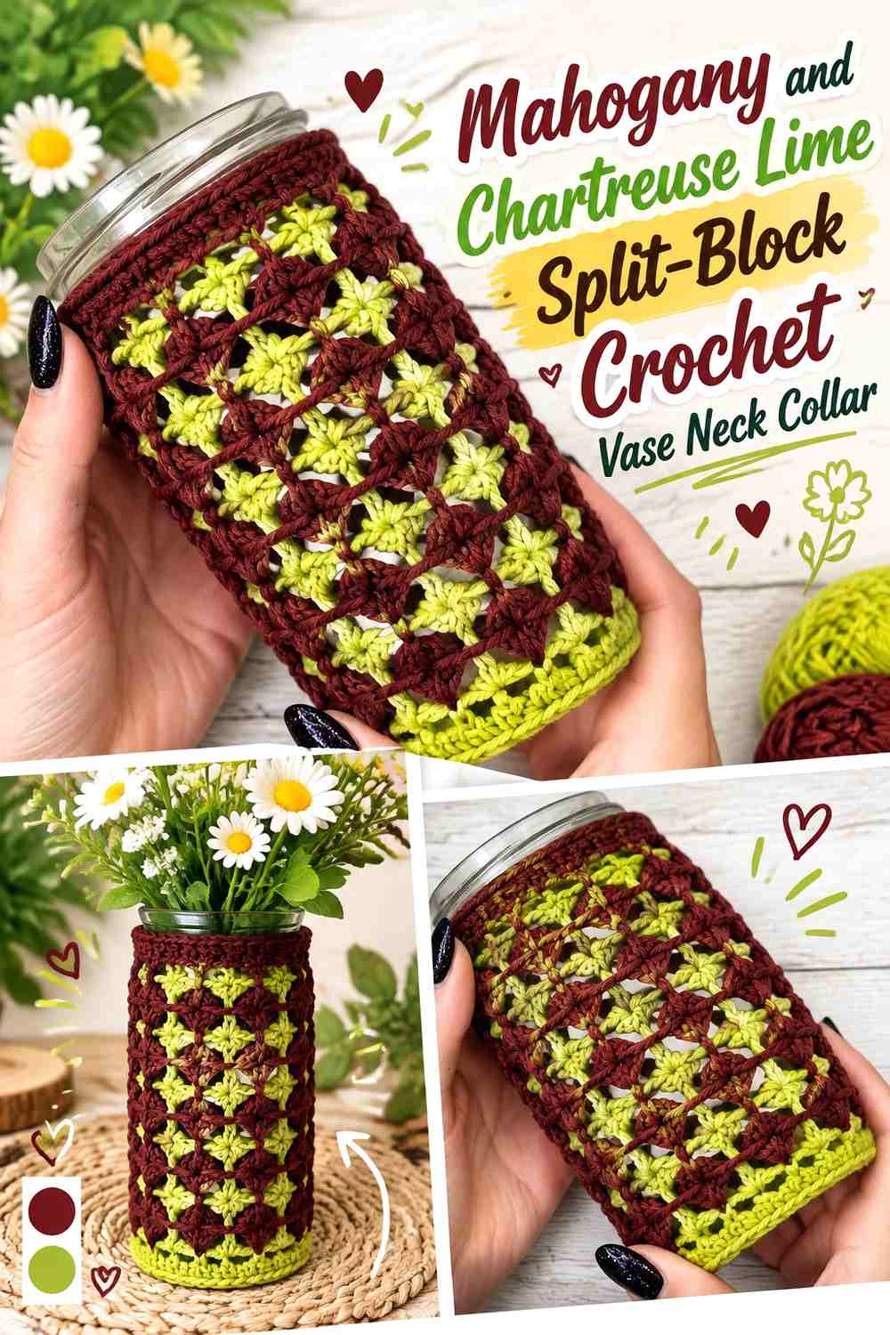Mahogany and Chartreuse Lime Split Block Crochet Vase Neck Collar