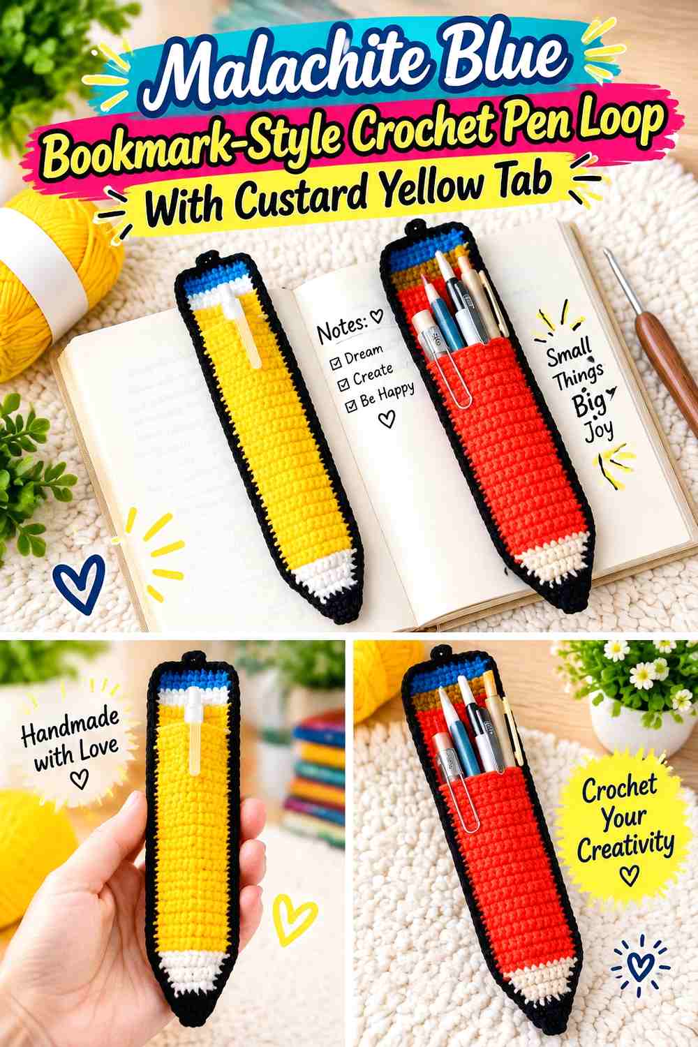 Malachite Blue Bookmark-Style Crochet Pen Loop With Custard Yellow Tab