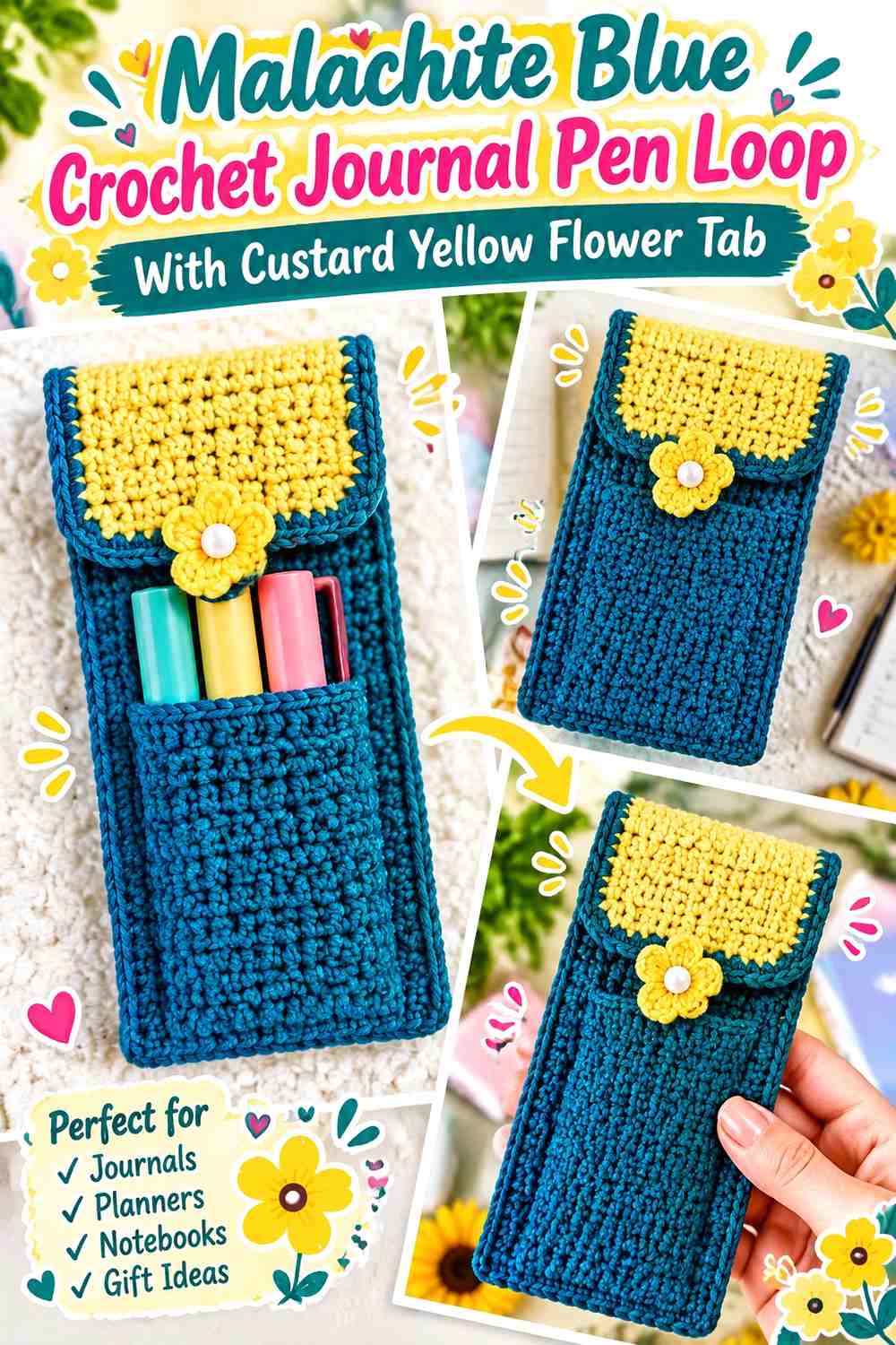 Malachite Blue Crochet Journal Pen Loop With Custard Yellow Flower Tab