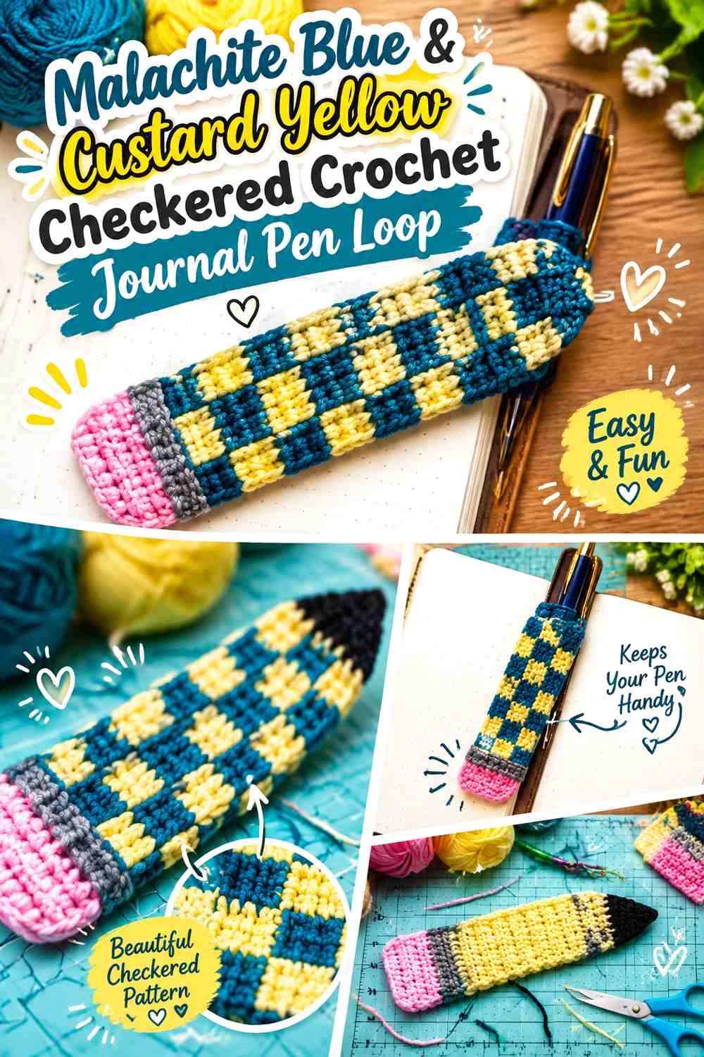 Malachite Blue & Custard Yellow Checkered Crochet Journal Pen Loop