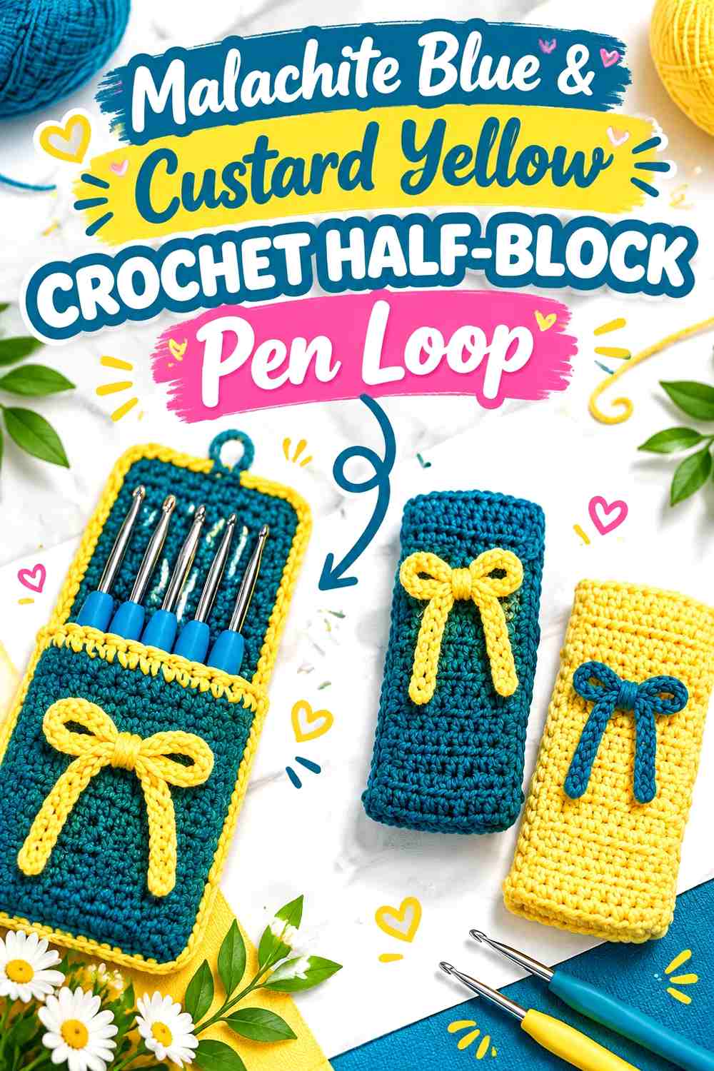Malachite Blue & Custard Yellow Crochet Half-Block Pen Loop