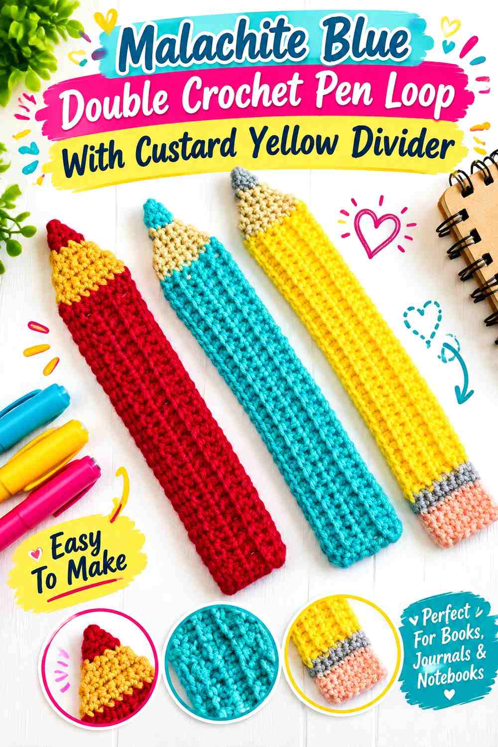 Malachite Blue Double Crochet Pen Loop With Custard Yellow Divider