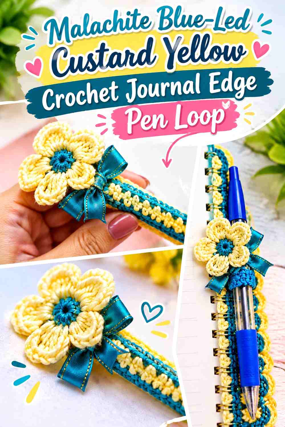 Malachite Blue-Led Custard Yellow Crochet Journal Edge Pen Loop