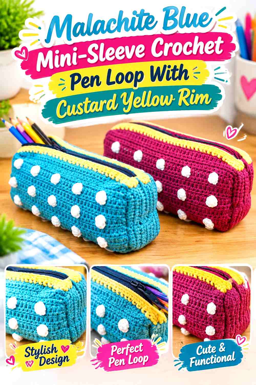 Malachite Blue Mini-Sleeve Crochet Pen Loop With Custard Yellow Rim
