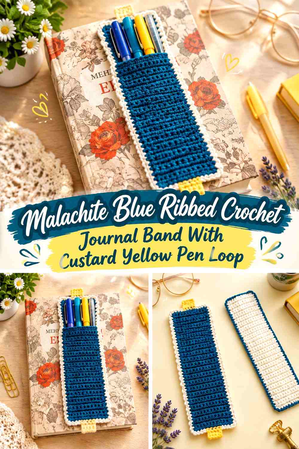Malachite Blue Ribbed Crochet Journal Band With Custard Yellow Pen Loop