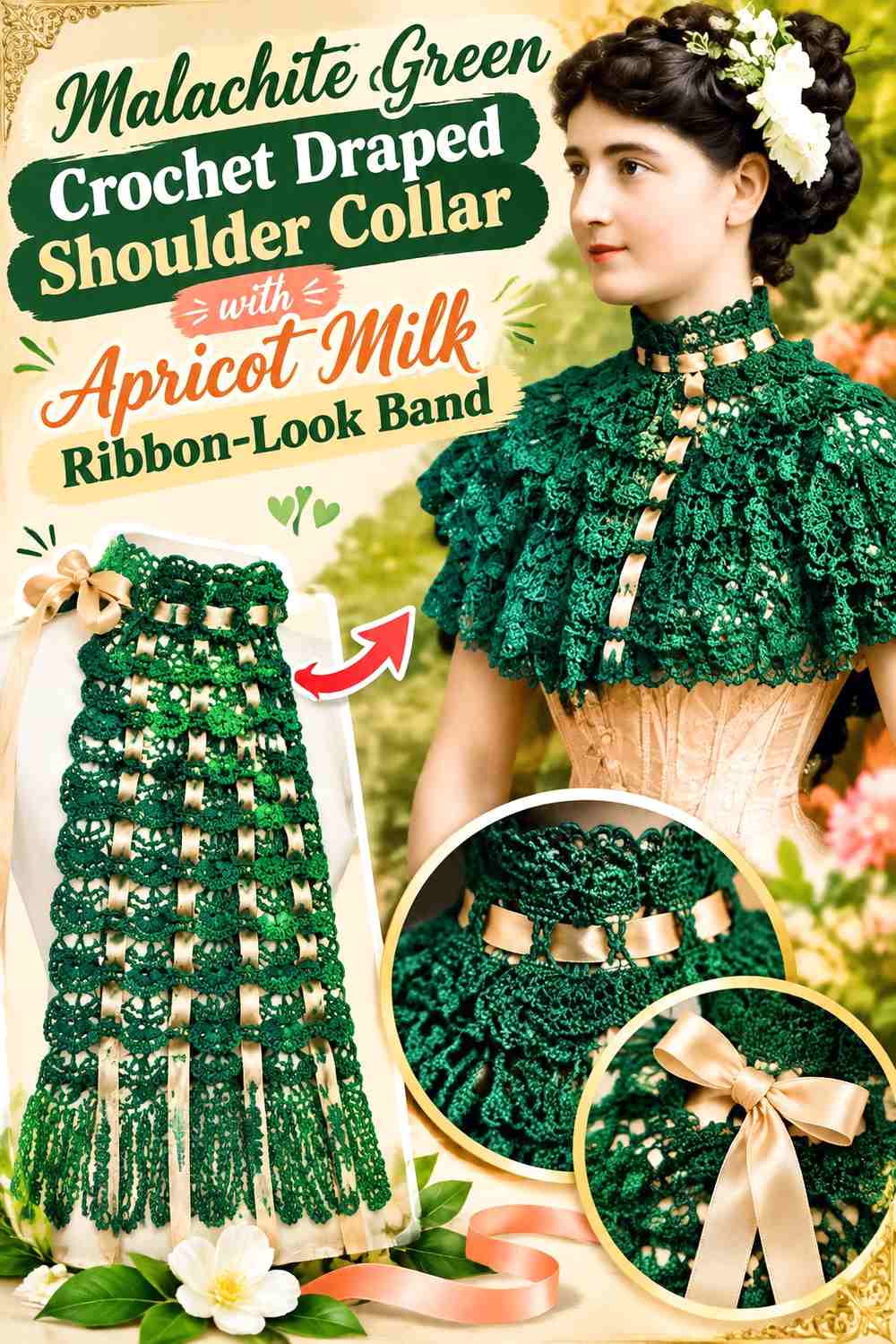 Malachite Green Crochet Draped Shoulder Collar with Apricot Milk Ribbon-Look Band