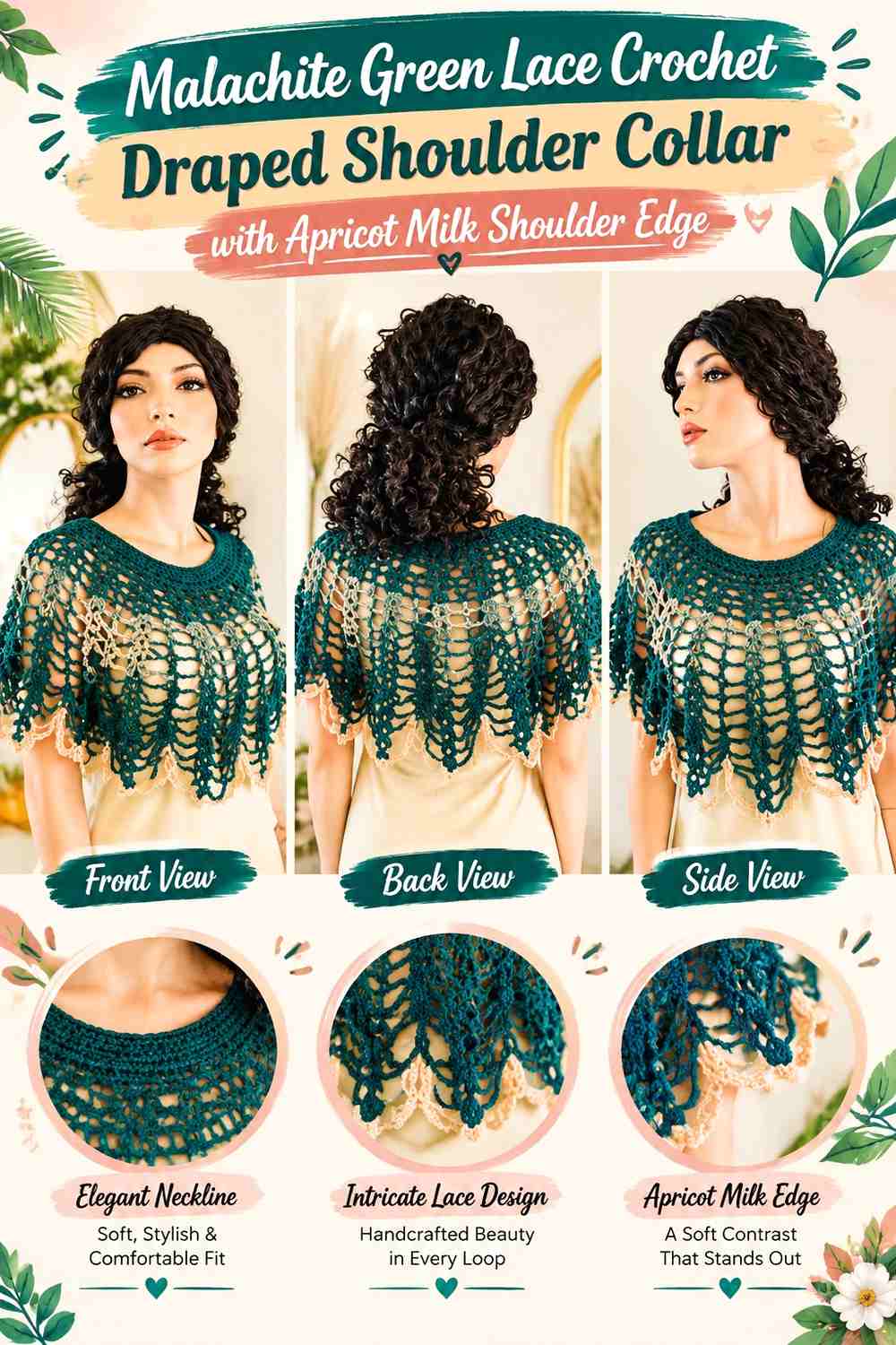 Malachite Green Lace Crochet Draped Shoulder Collar with Apricot Milk Shoulder Edge