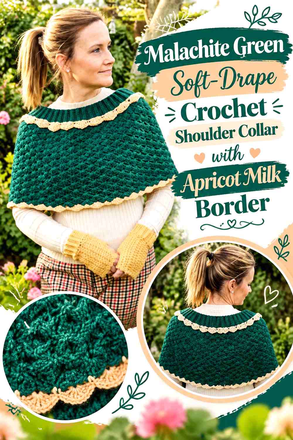 Malachite Green Soft-Drape Crochet Shoulder Collar with Apricot Milk Border