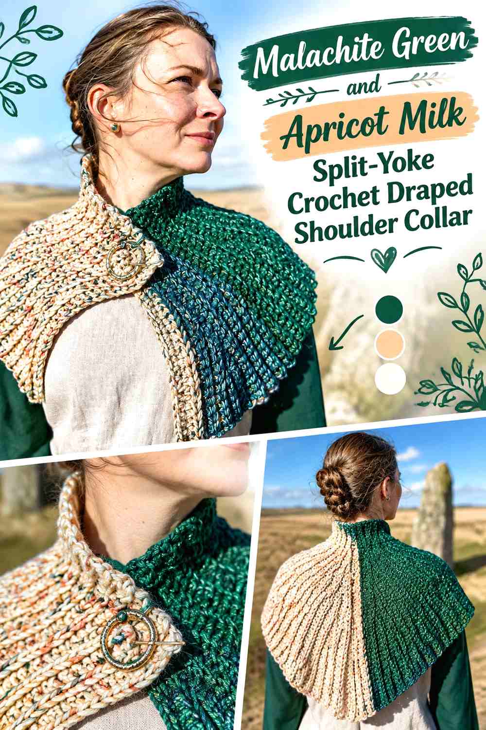 Malachite Green and Apricot Milk Split-Yoke Crochet Draped Shoulder Collar