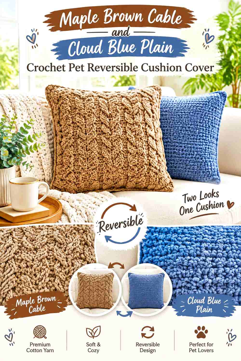Maple Brown Cable and Cloud Blue Plain Crochet Pet Reversible Cushion Cover