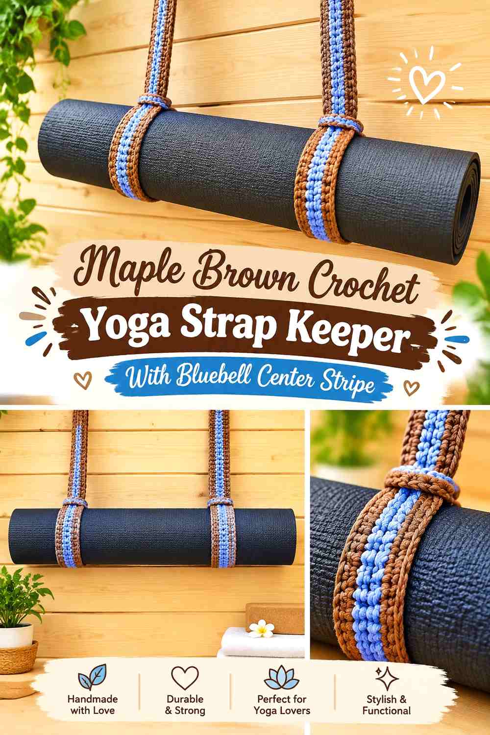 Maple Brown Crochet Yoga Strap Keeper With Bluebell Center Stripe