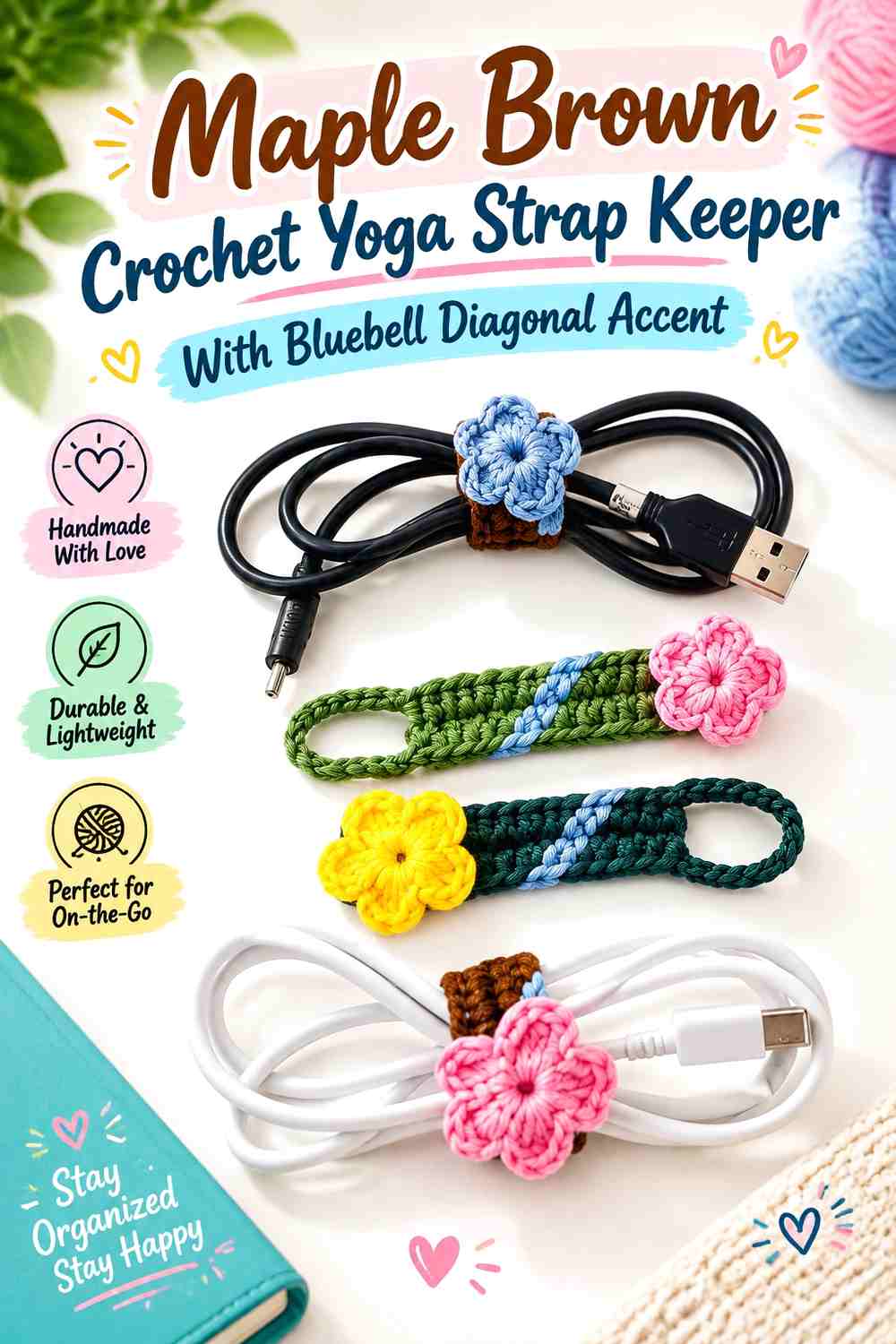 Maple Brown Crochet Yoga Strap Keeper With Bluebell Diagonal Accent