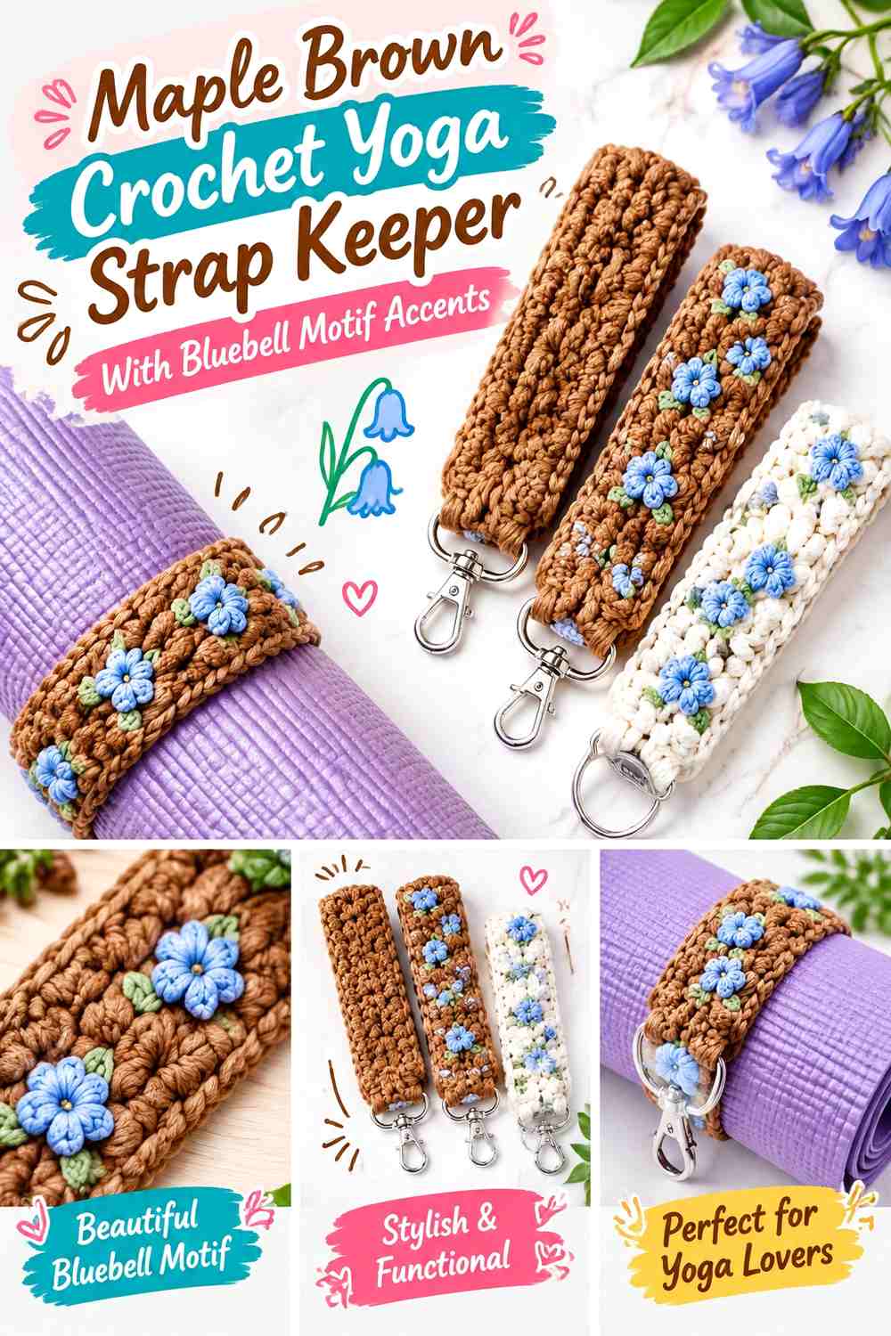 Maple Brown Crochet Yoga Strap Keeper With Bluebell Motif Accents