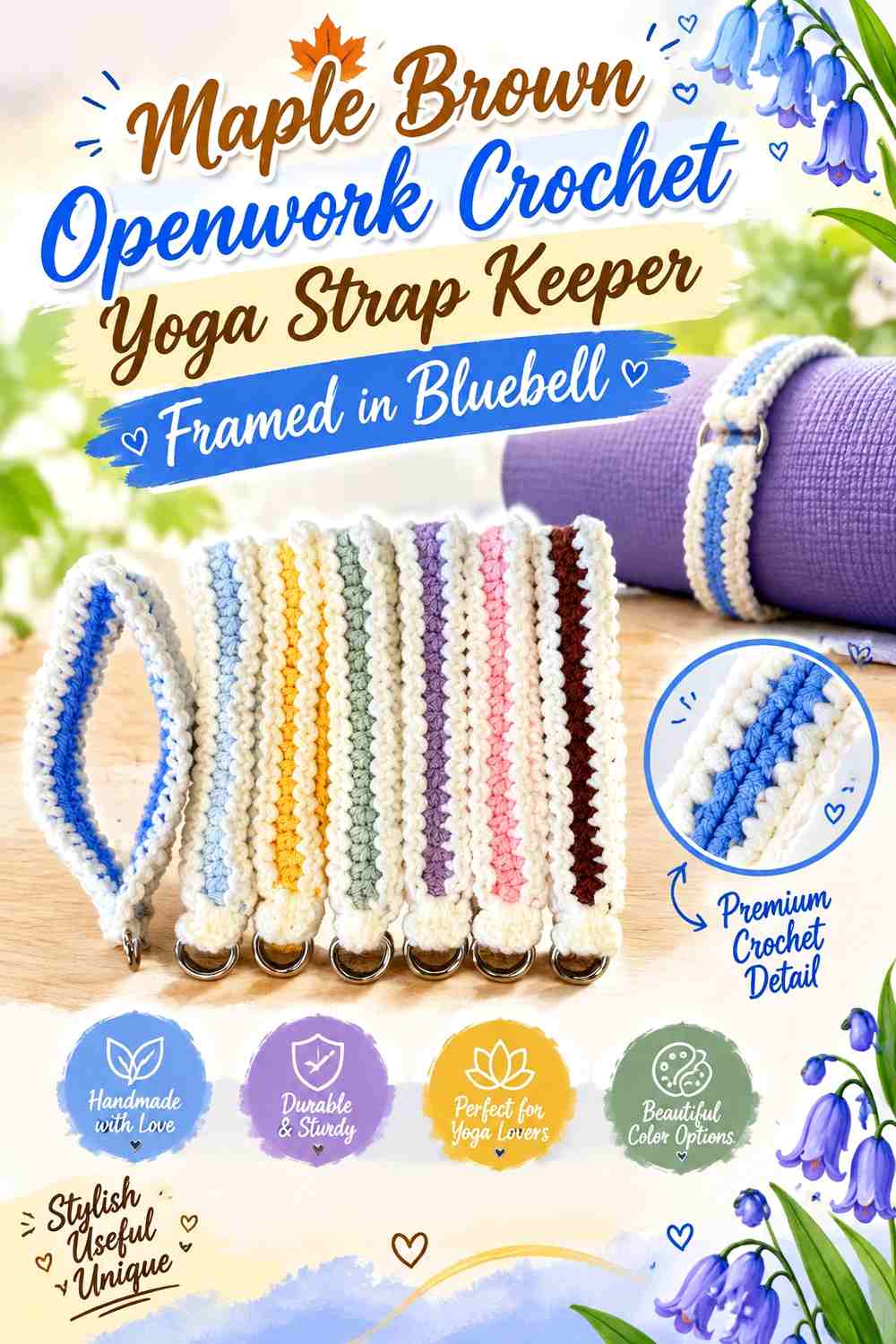 Maple Brown Openwork Crochet Yoga Strap Keeper Framed in Bluebell