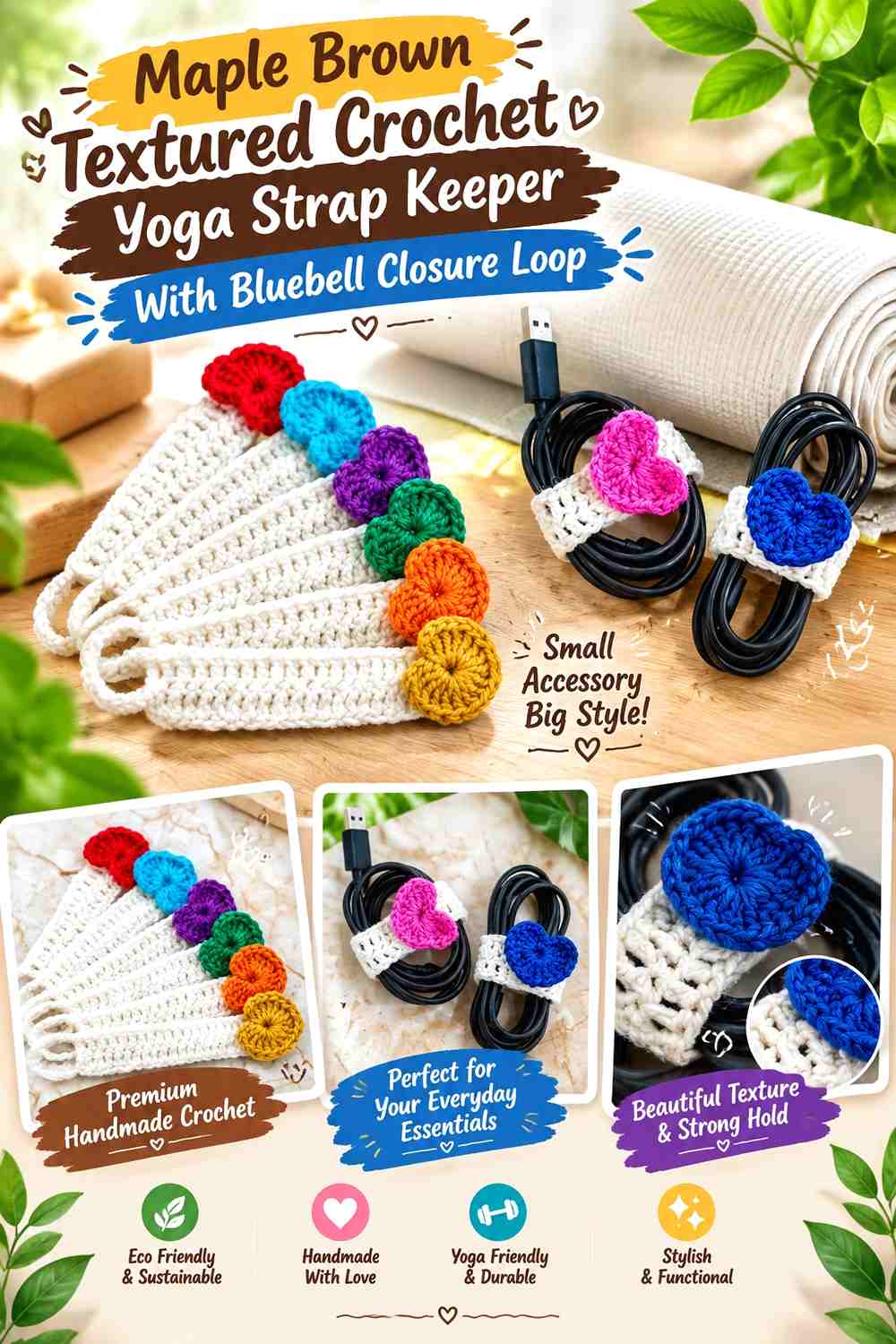 Maple Brown Textured Crochet Yoga Strap Keeper With Bluebell Closure Loop