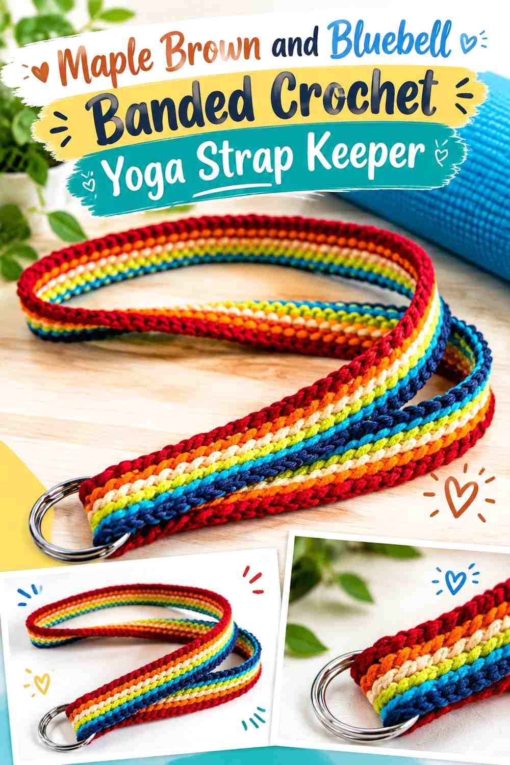Maple Brown and Bluebell Banded Crochet Yoga Strap Keeper