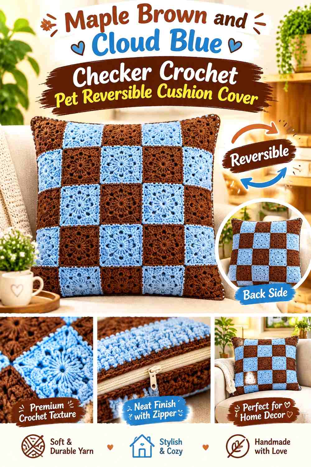 Maple Brown and Cloud Blue Checker Crochet Pet Reversible Cushion Cover