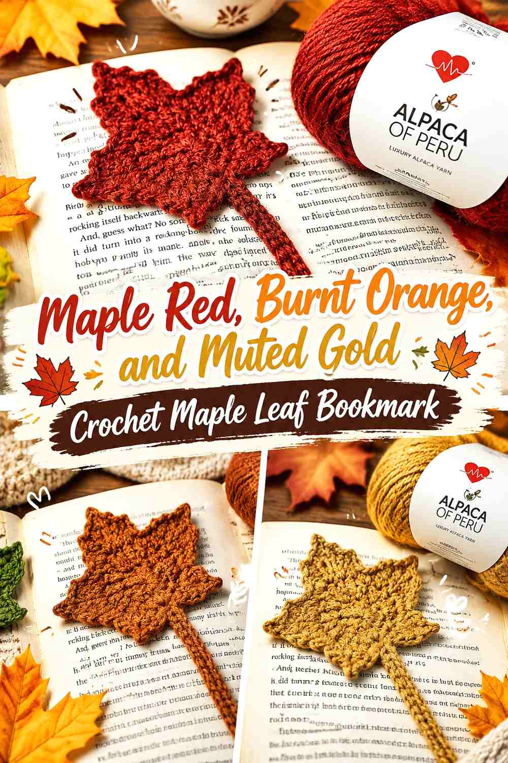 Maple Red, Burnt Orange, and Muted Gold Crochet Maple Leaf Bookmark