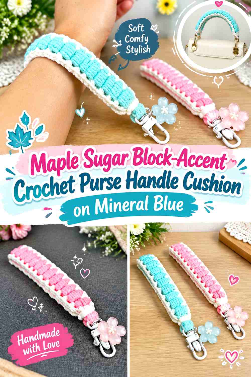 Maple Sugar Block Accent Crochet Purse Handle Cushion on Mineral Blue