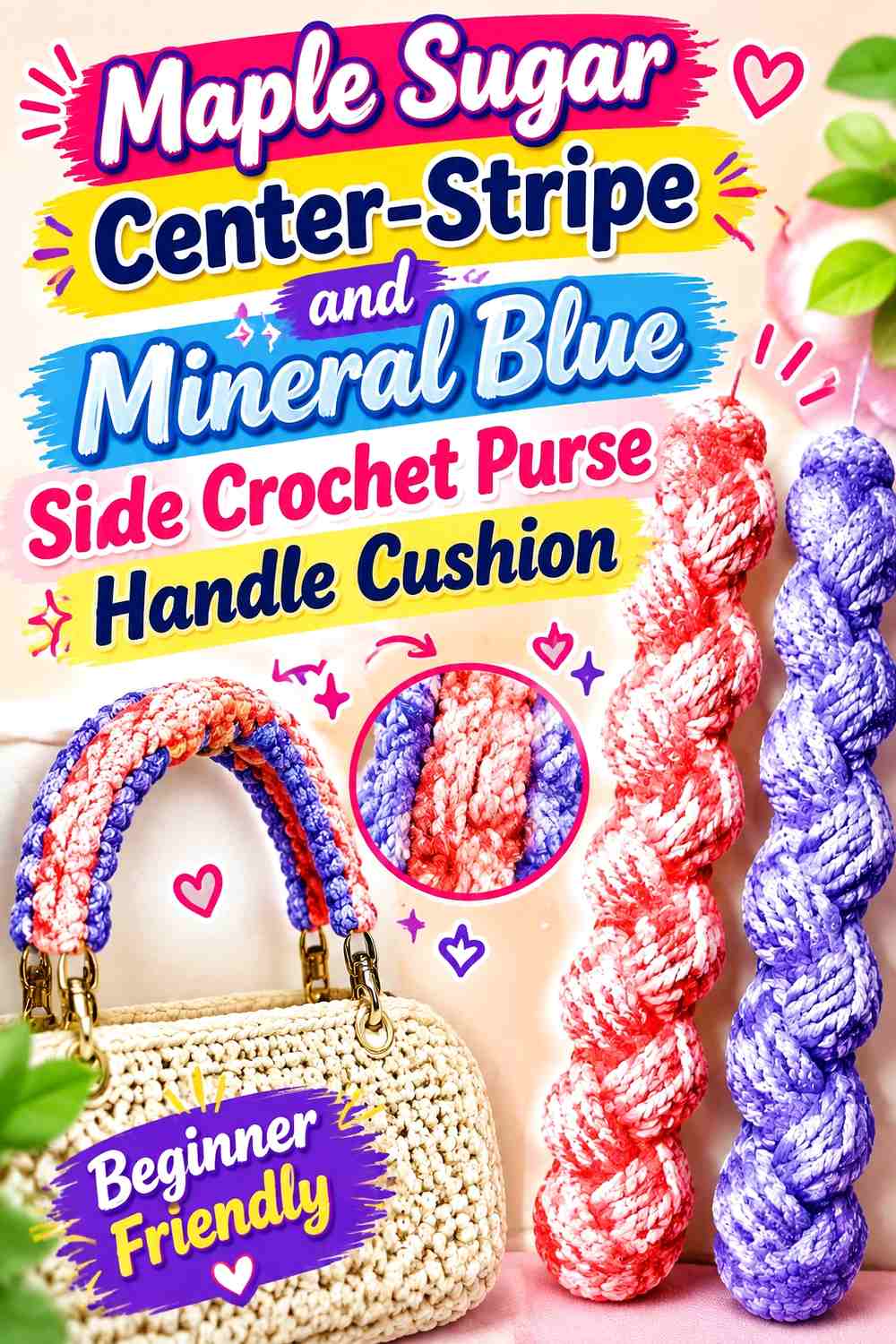 Maple Sugar Center Stripe and Mineral Blue Side Crochet Purse Handle Cushion