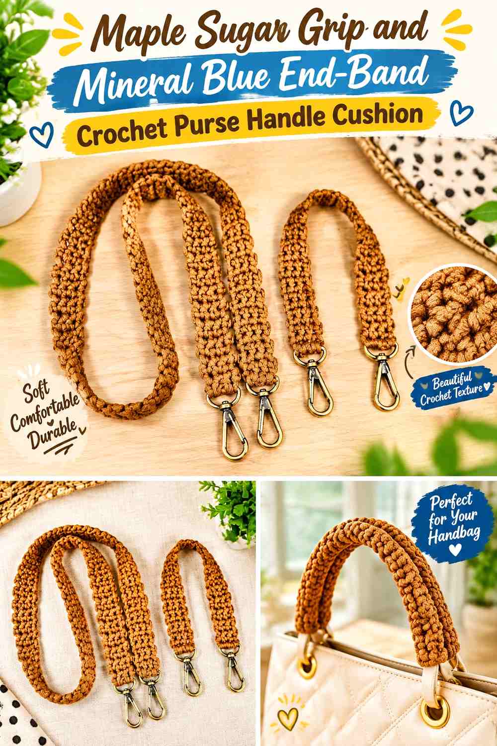 Maple Sugar Grip and Mineral Blue End Band Crochet Purse Handle Cushion