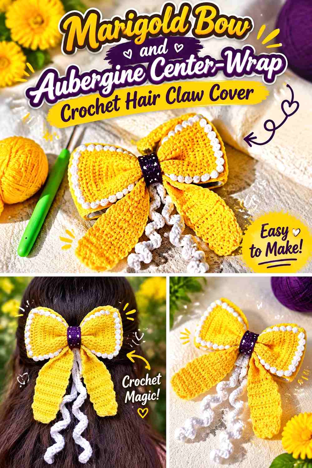 3. Marigold Bow And Aubergine Center Wrap Crochet Hair Claw Cover