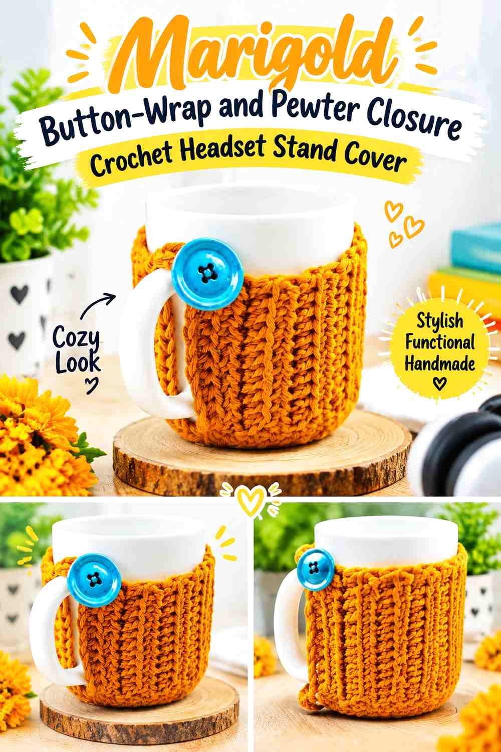 7. Marigold Button Wrap And Pewter Closure Crochet Headset Stand Cover