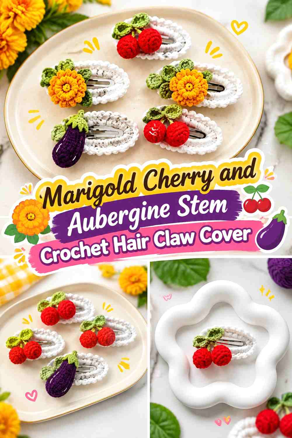 8. Marigold Cherry And Aubergine Stem Crochet Hair Claw Cover