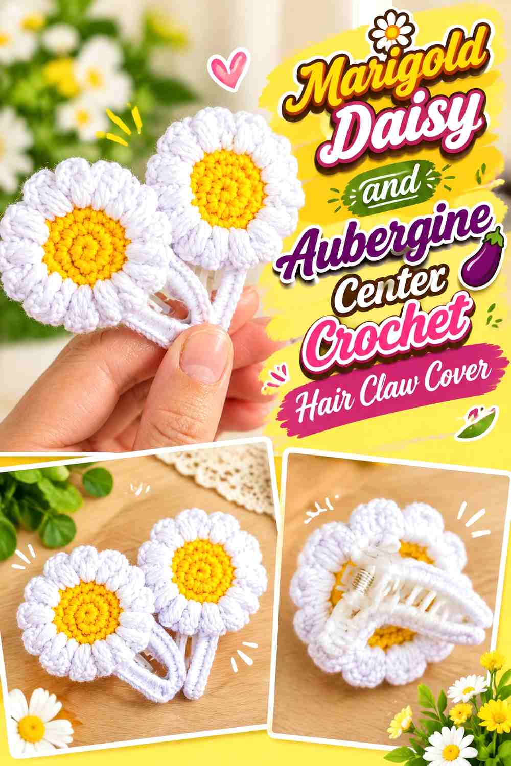 2. Marigold Daisy And Aubergine Center Crochet Hair Claw Cover