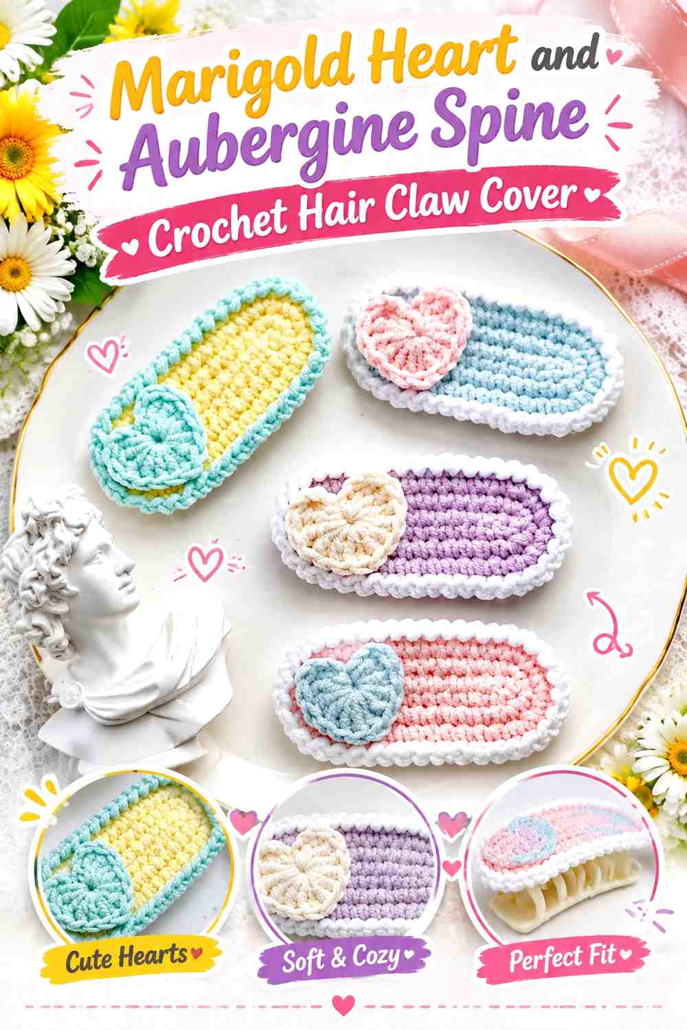 7. Marigold Heart And Aubergine Spine Crochet Hair Claw Cover