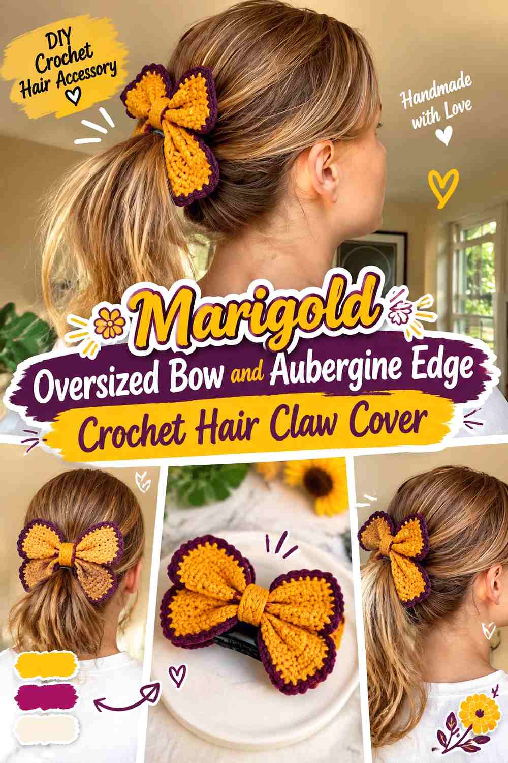 10. Marigold Oversized Bow And Aubergine Edge Crochet Hair Claw Cover