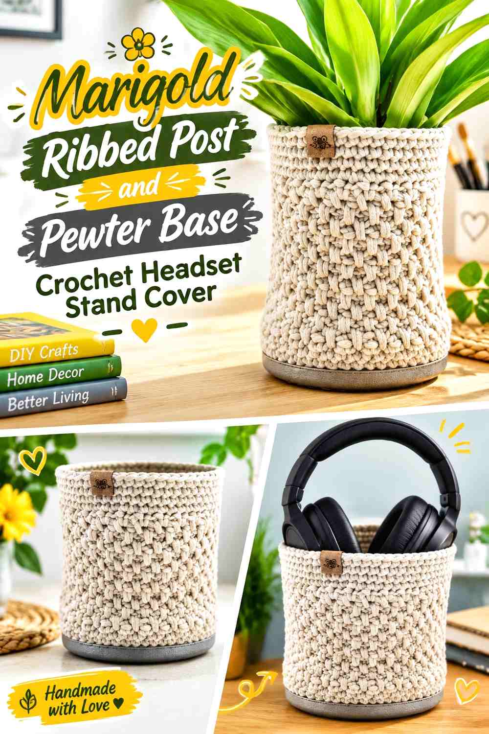 1. Marigold Ribbed Post And Pewter Base Crochet Headset Stand Cover