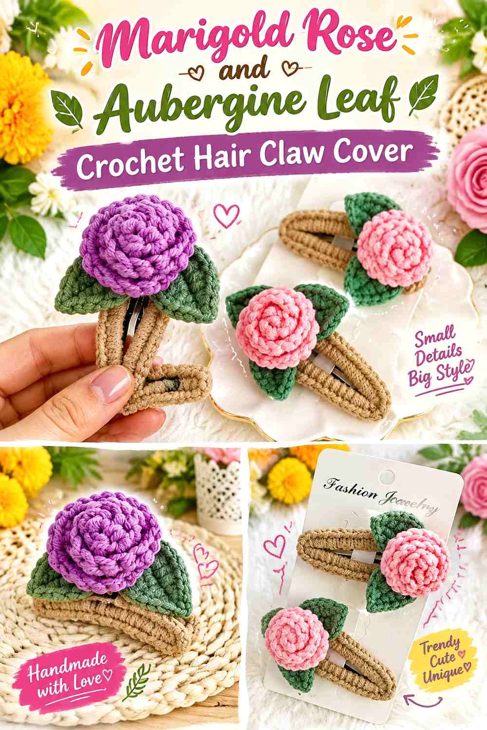 5. Marigold Rose And Aubergine Leaf Crochet Hair Claw Cover